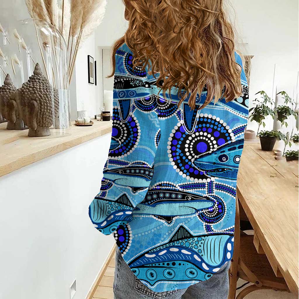 Sharks Aboriginal Australia Women Casual Shirt Indigenous Art Blue - Vibe Hoodie Shop
