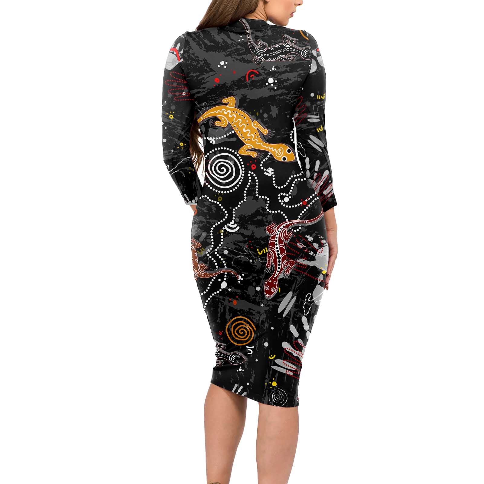 Lizard Aboriginal Australia Long Sleeve Bodycon Dress