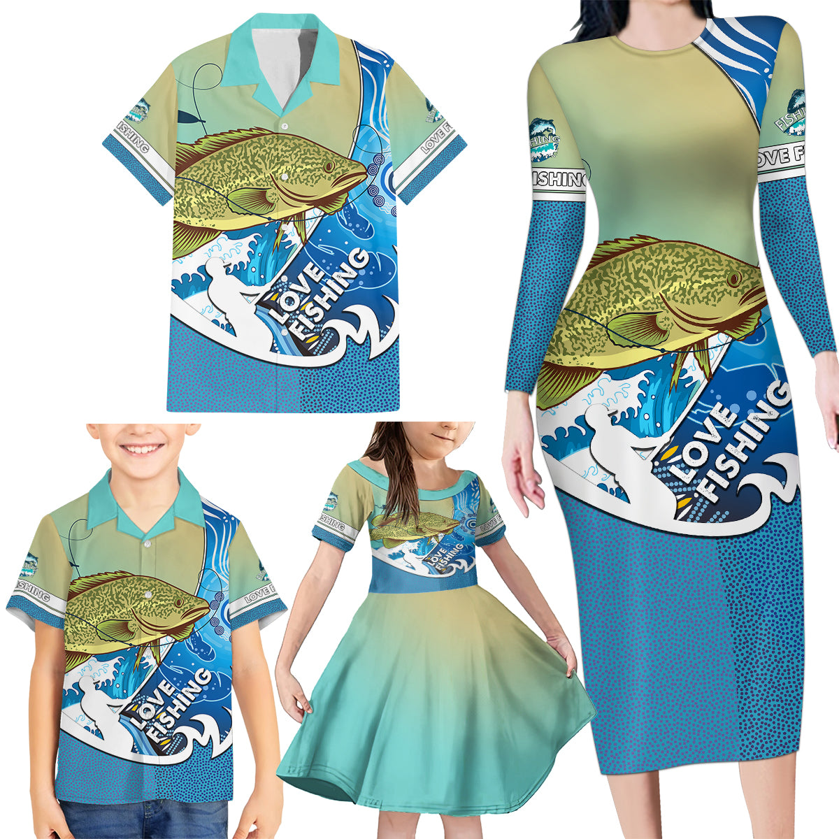 australia-fishing-family-matching-long-sleeve-bodycon-dress-and-hawaiian-shirt-love-fishing-murray-cod-in-aboriginal-art-patterns