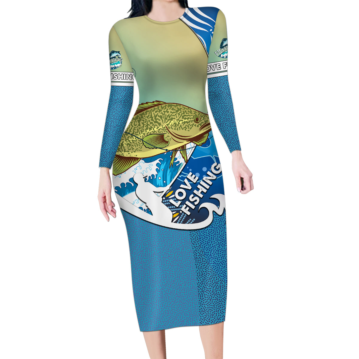 australia-fishing-family-matching-long-sleeve-bodycon-dress-and-hawaiian-shirt-love-fishing-murray-cod-in-aboriginal-art-patterns