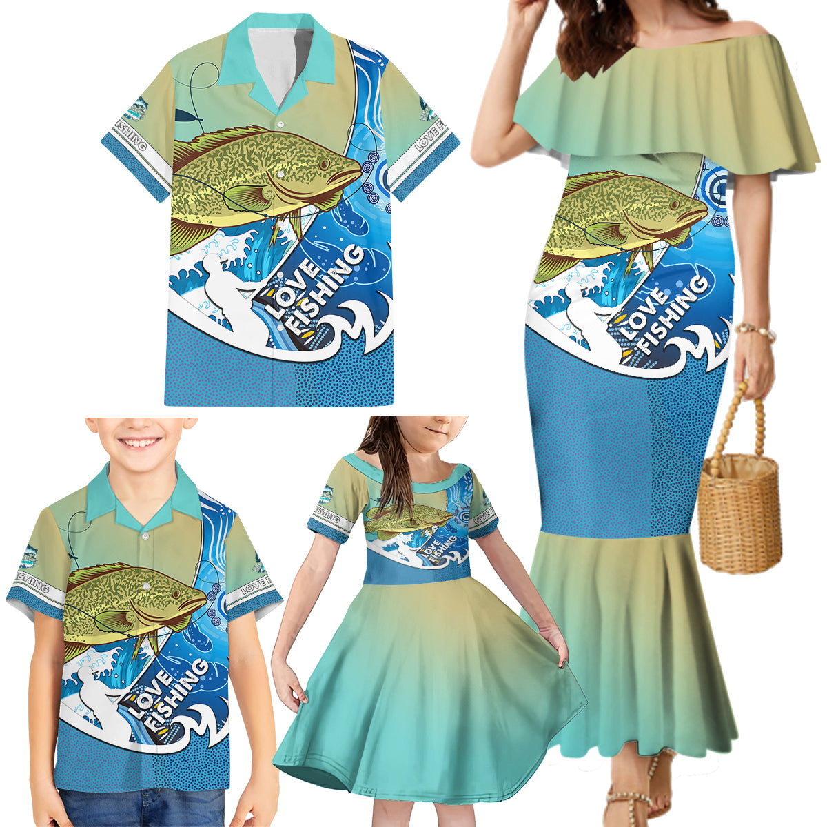 australia-fishing-family-matching-mermaid-dress-and-hawaiian-shirt-love-fishing-murray-cod-in-aboriginal-art-patterns