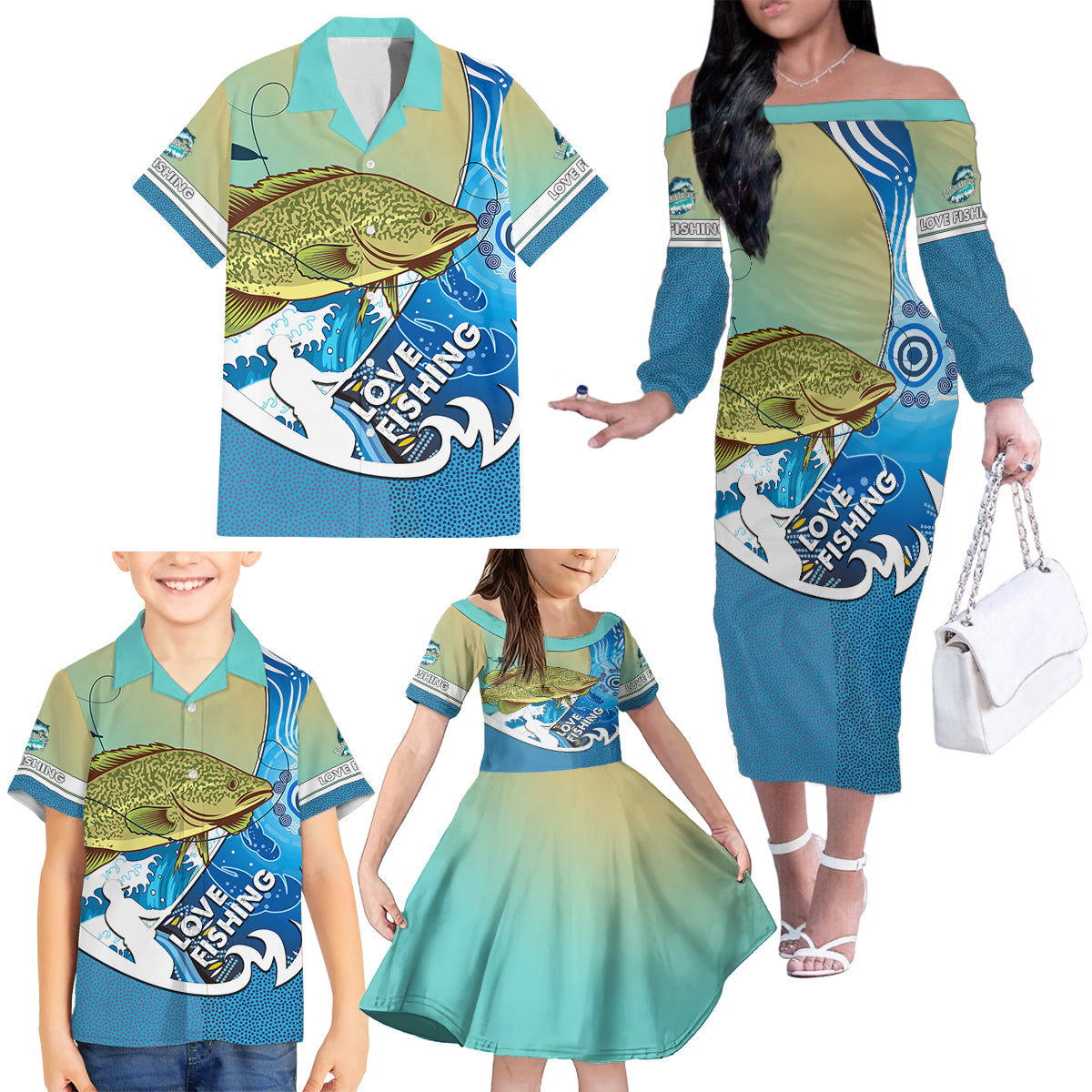 australia-fishing-family-matching-off-shoulder-long-sleeve-dress-and-hawaiian-shirt-love-fishing-murray-cod-in-aboriginal-art-patterns