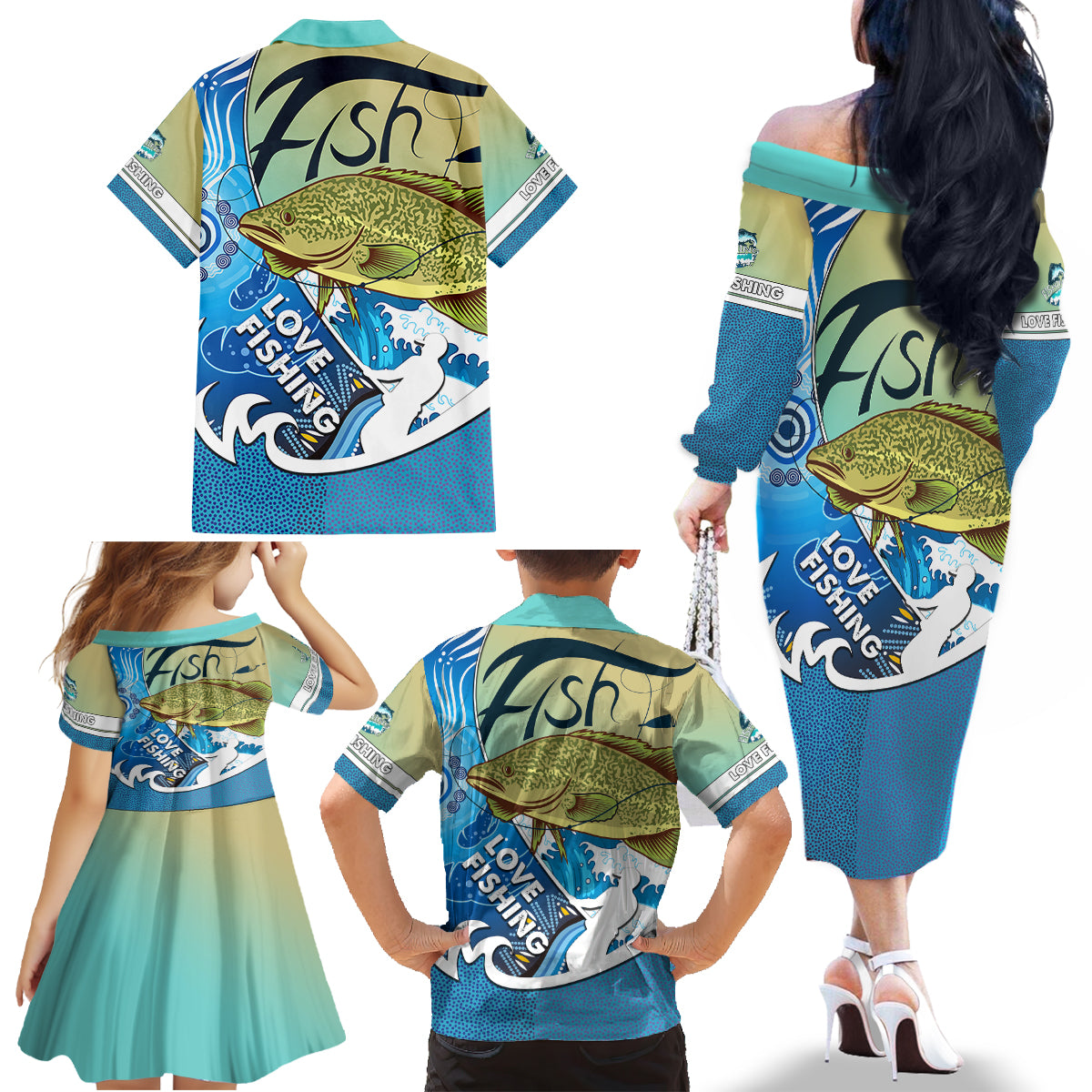 australia-fishing-family-matching-off-shoulder-long-sleeve-dress-and-hawaiian-shirt-love-fishing-murray-cod-in-aboriginal-art-patterns