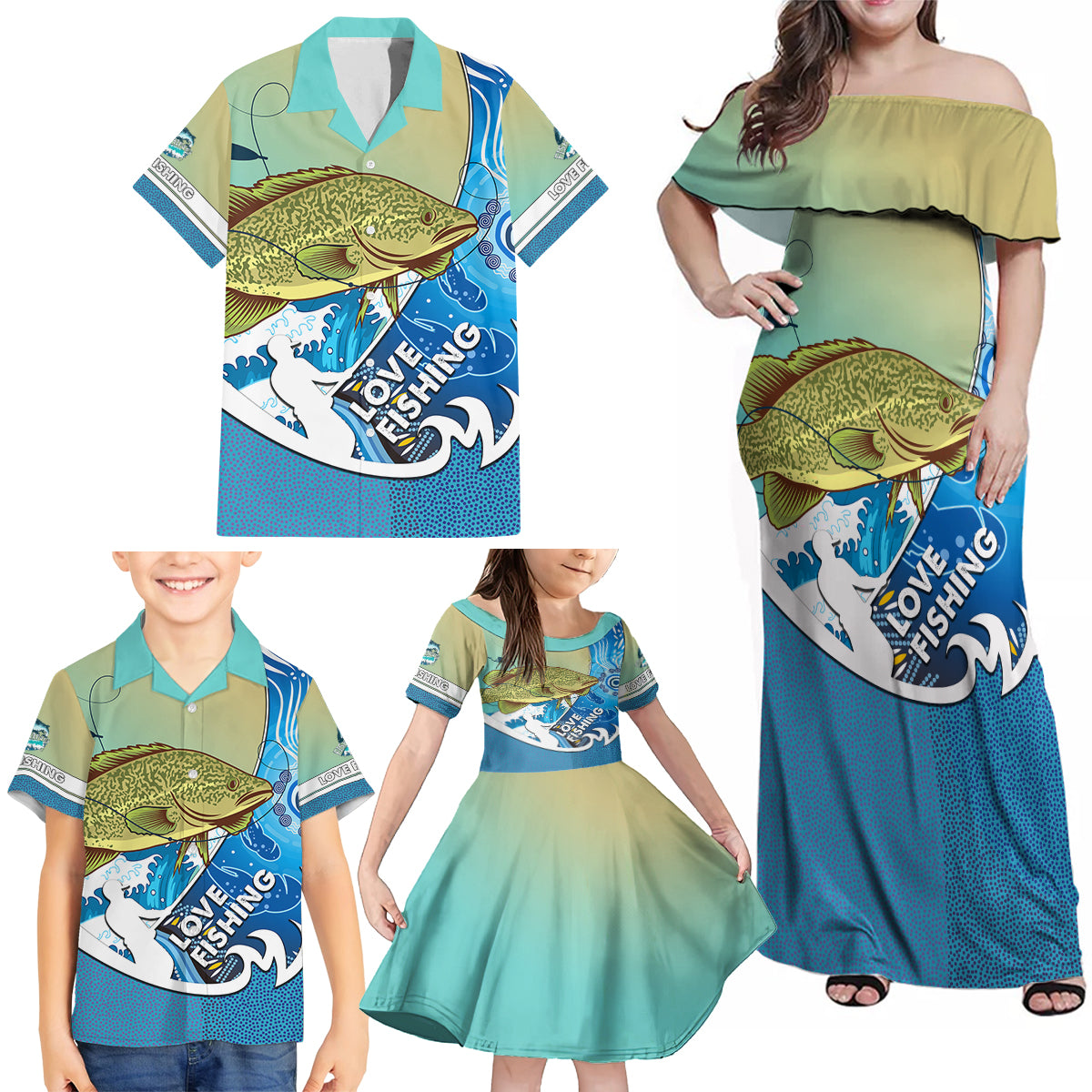 australia-fishing-family-matching-off-shoulder-maxi-dress-and-hawaiian-shirt-love-fishing-murray-cod-in-aboriginal-art-patterns