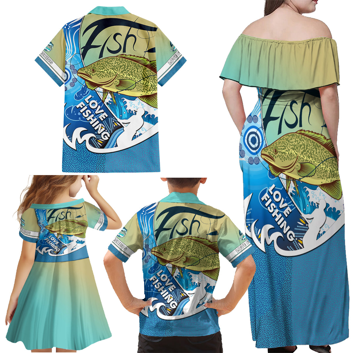 australia-fishing-family-matching-off-shoulder-maxi-dress-and-hawaiian-shirt-love-fishing-murray-cod-in-aboriginal-art-patterns