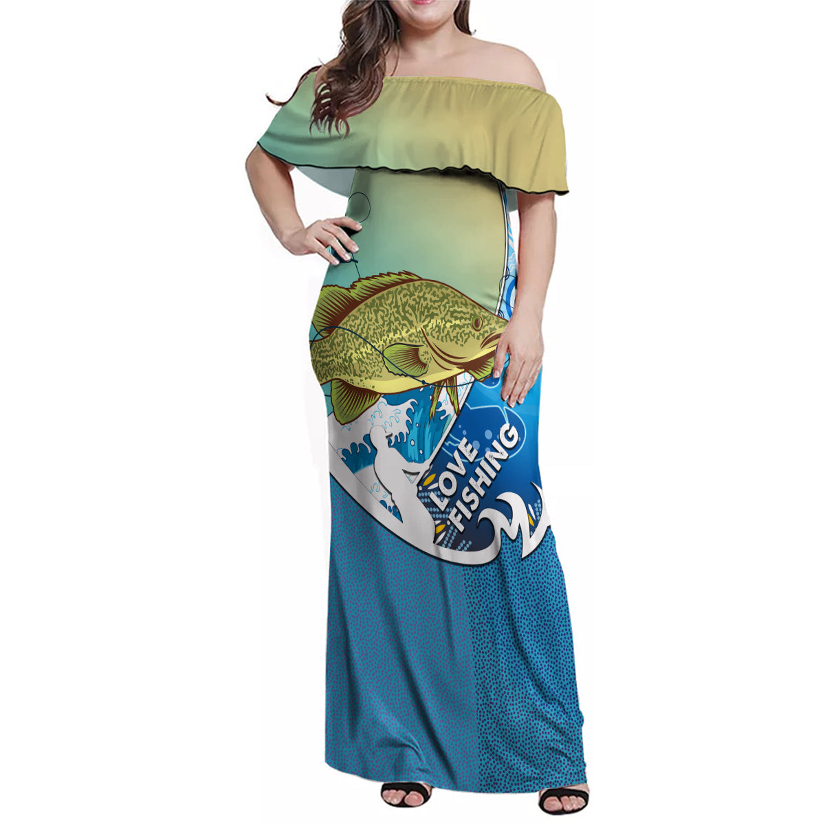 australia-fishing-family-matching-off-shoulder-maxi-dress-and-hawaiian-shirt-love-fishing-murray-cod-in-aboriginal-art-patterns