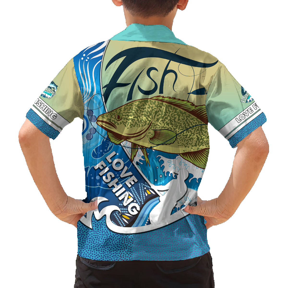australia-fishing-family-matching-off-shoulder-short-dress-and-hawaiian-shirt-love-fishing-murray-cod-in-aboriginal-art-patterns