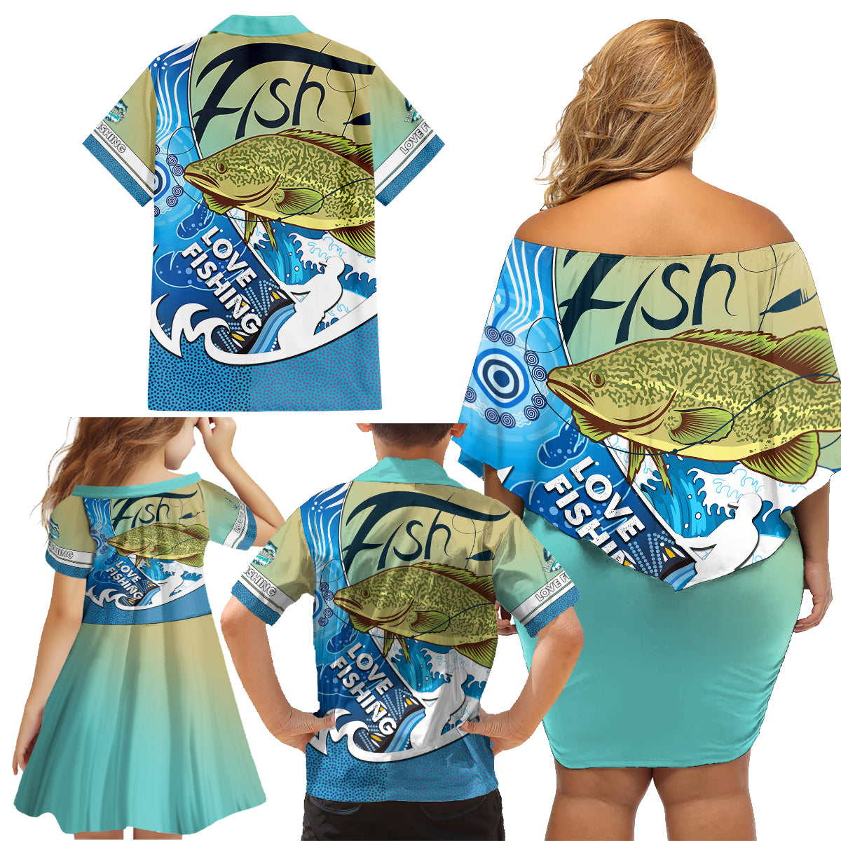 australia-fishing-family-matching-off-shoulder-short-dress-and-hawaiian-shirt-love-fishing-murray-cod-in-aboriginal-art-patterns