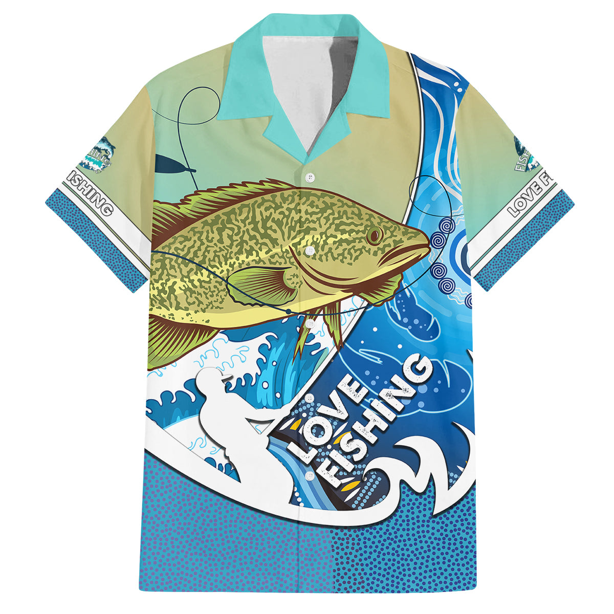 australia-fishing-family-matching-off-shoulder-short-dress-and-hawaiian-shirt-love-fishing-murray-cod-in-aboriginal-art-patterns