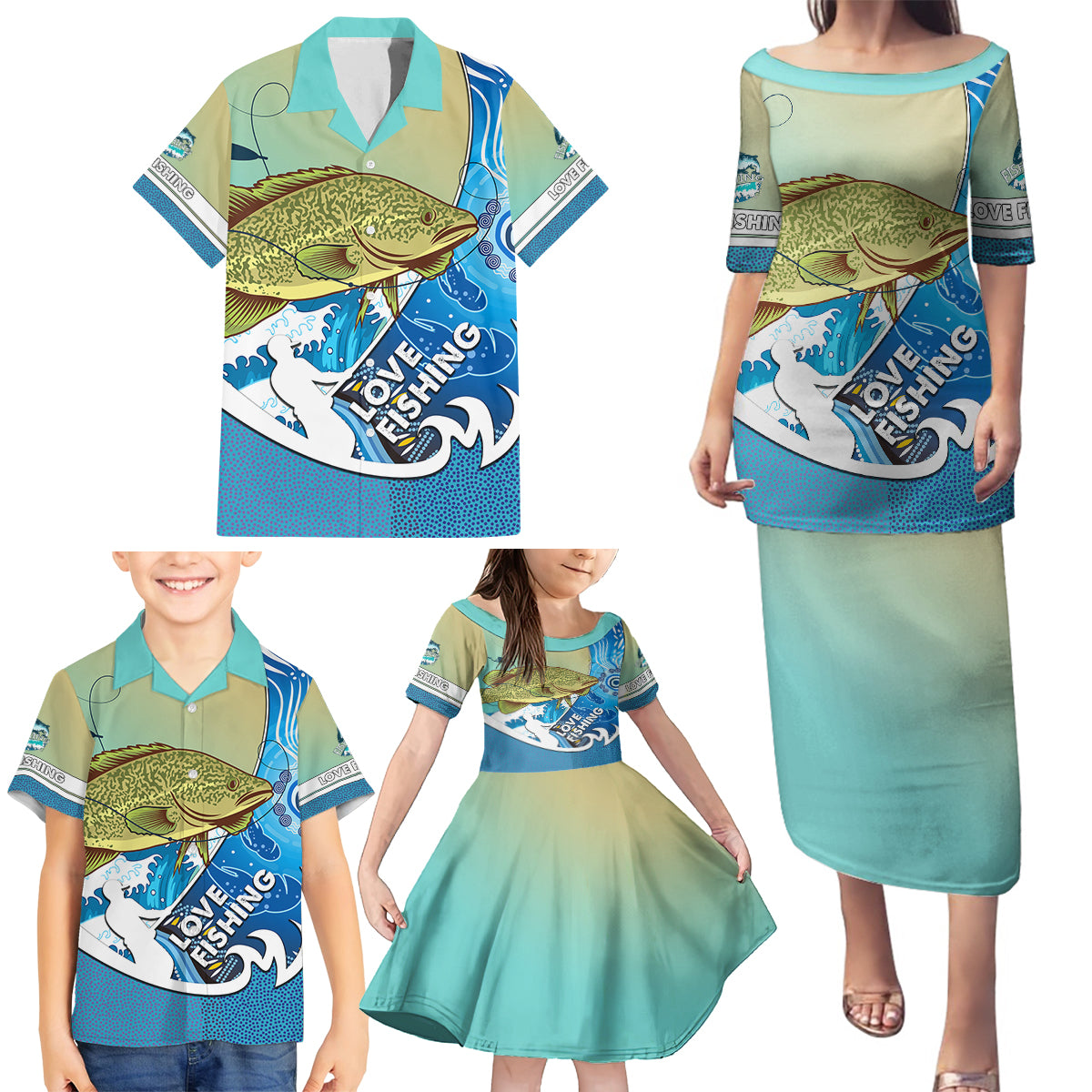 australia-fishing-family-matching-puletasi-dress-and-hawaiian-shirt-love-fishing-murray-cod-in-aboriginal-art-patterns