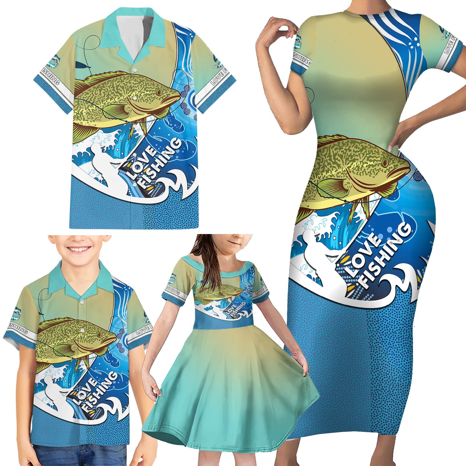 australia-fishing-family-matching-short-sleeve-bodycon-dress-and-hawaiian-shirt-love-fishing-murray-cod-in-aboriginal-art-patterns