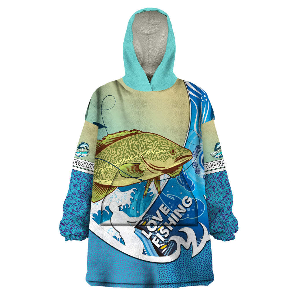 Australia Fishing Wearable Blanket Hoodie Love Fishing Murray Cod In Aboriginal Art Patterns - Vibe Hoodie Shop