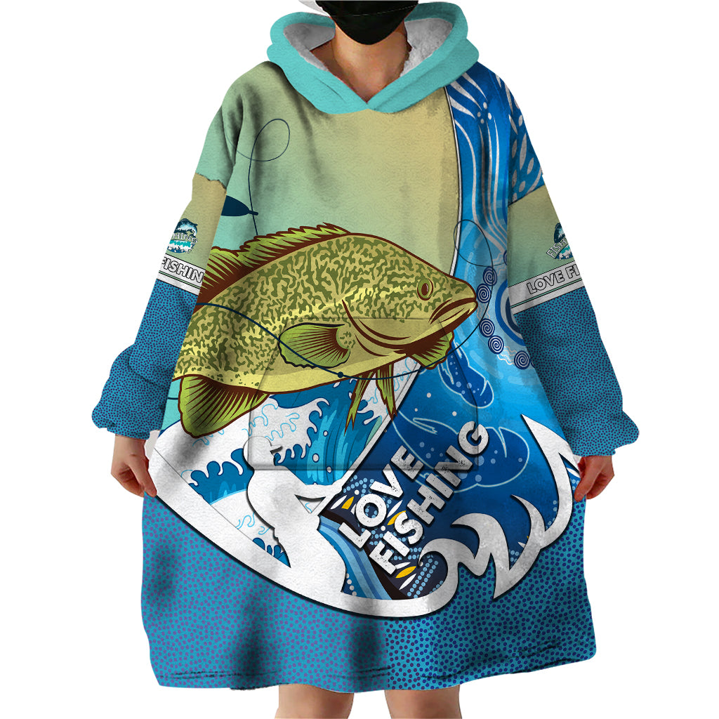 Australia Fishing Wearable Blanket Hoodie Love Fishing Murray Cod In Aboriginal Art Patterns - Vibe Hoodie Shop