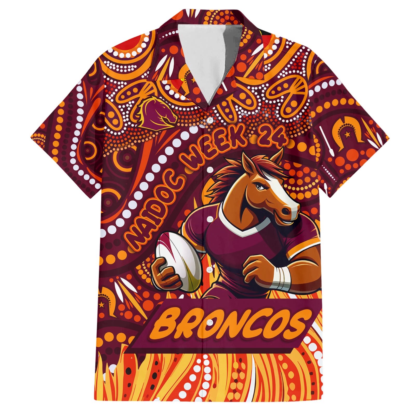 Custom Australia NAIDOC Week 2024 Hawaiian Shirt Brisbane Broncos Mascot Keep The Fire Burning - Vibe Hoodie Shop