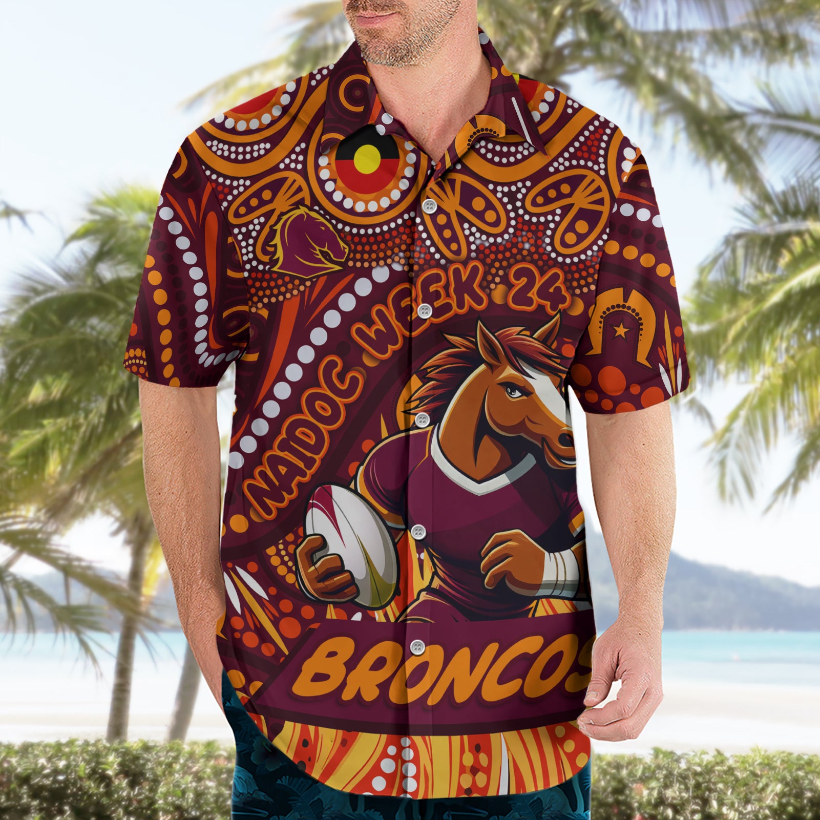 Custom Australia NAIDOC Week 2024 Hawaiian Shirt Brisbane Broncos Mascot Keep The Fire Burning - Vibe Hoodie Shop