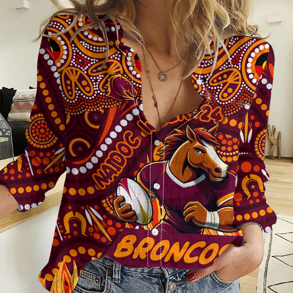 Custom Australia NAIDOC Week 2024 Women Casual Shirt Brisbane Broncos Mascot Keep The Fire Burning - Vibe Hoodie Shop