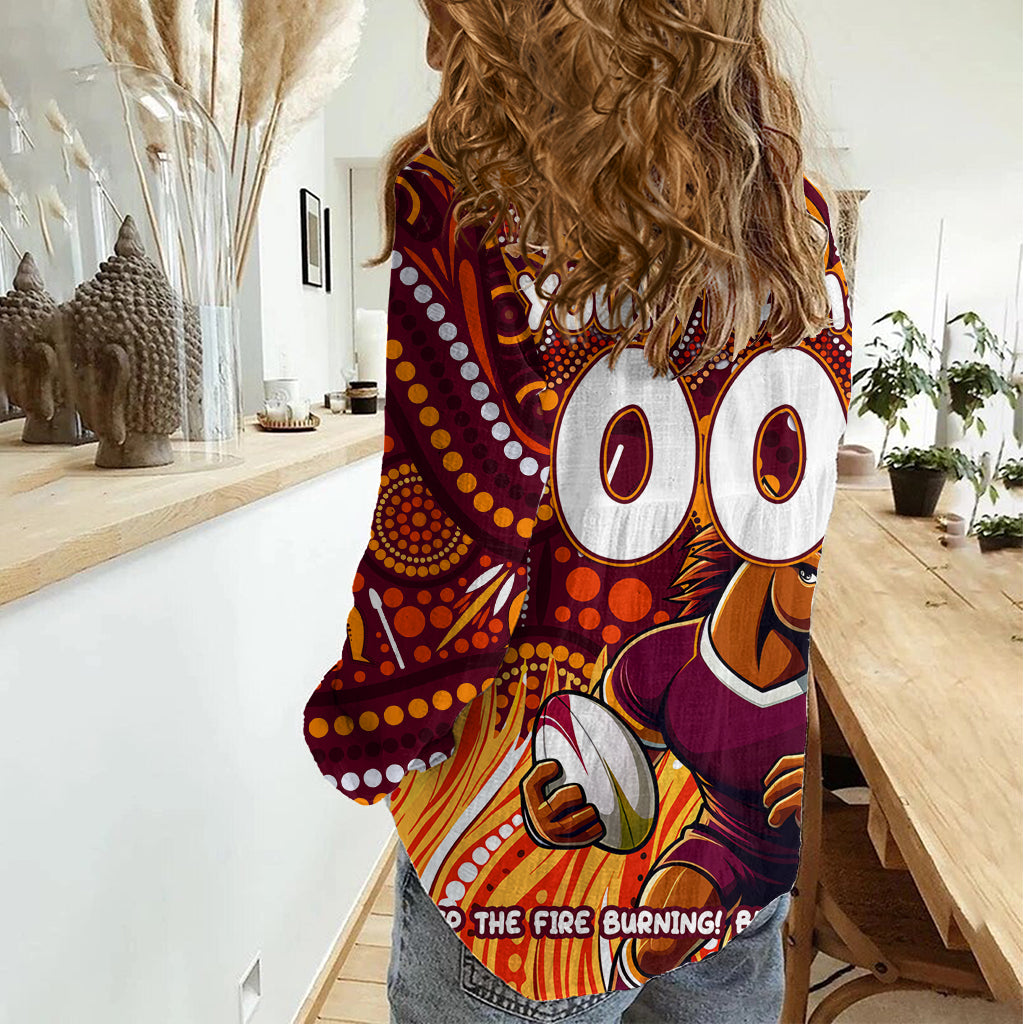 Custom Australia NAIDOC Week 2024 Women Casual Shirt Brisbane Broncos Mascot Keep The Fire Burning - Vibe Hoodie Shop