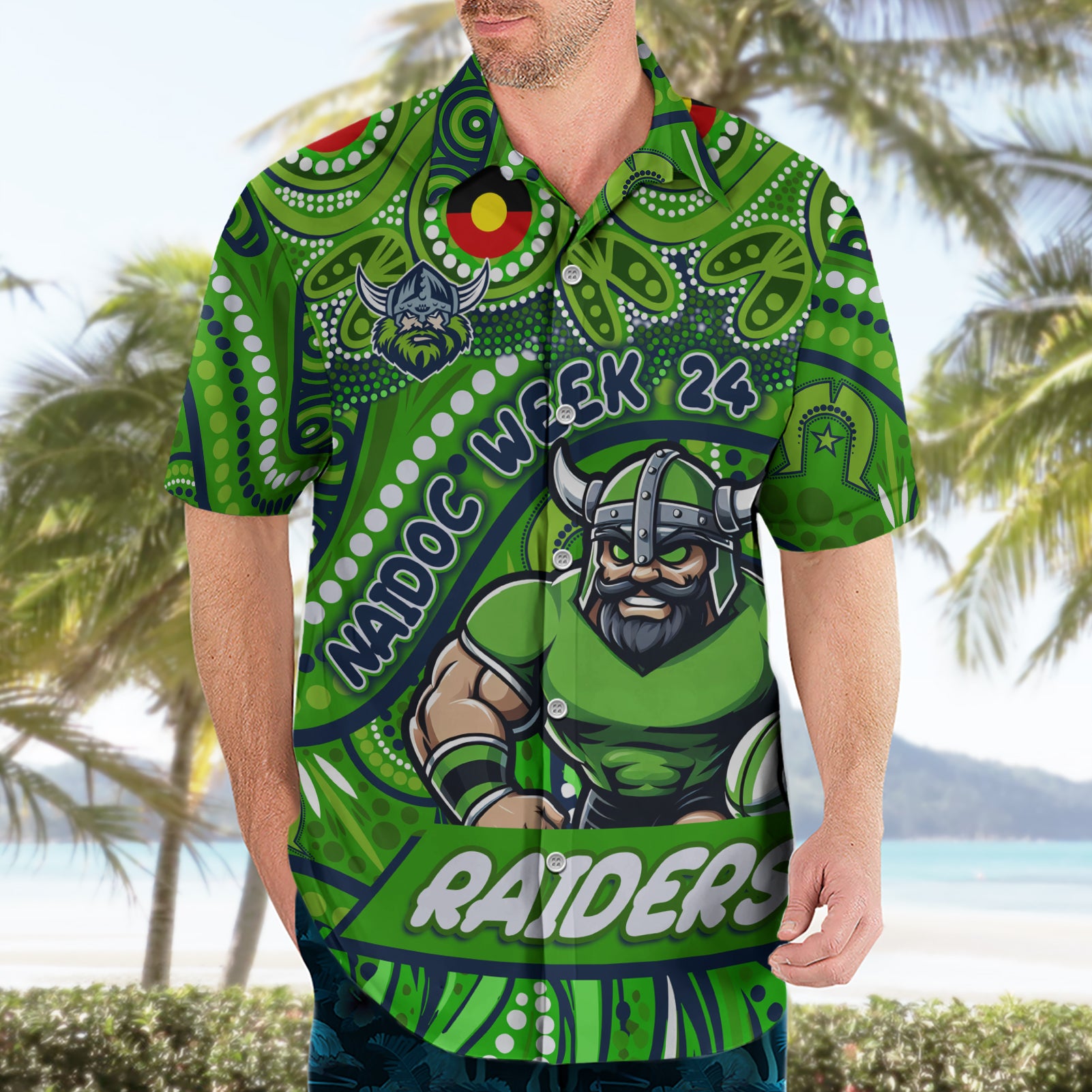 Custom Australia NAIDOC Week 2024 Hawaiian Shirt Canberra Raiders Mascot Keep The Fire Burning - Vibe Hoodie Shop