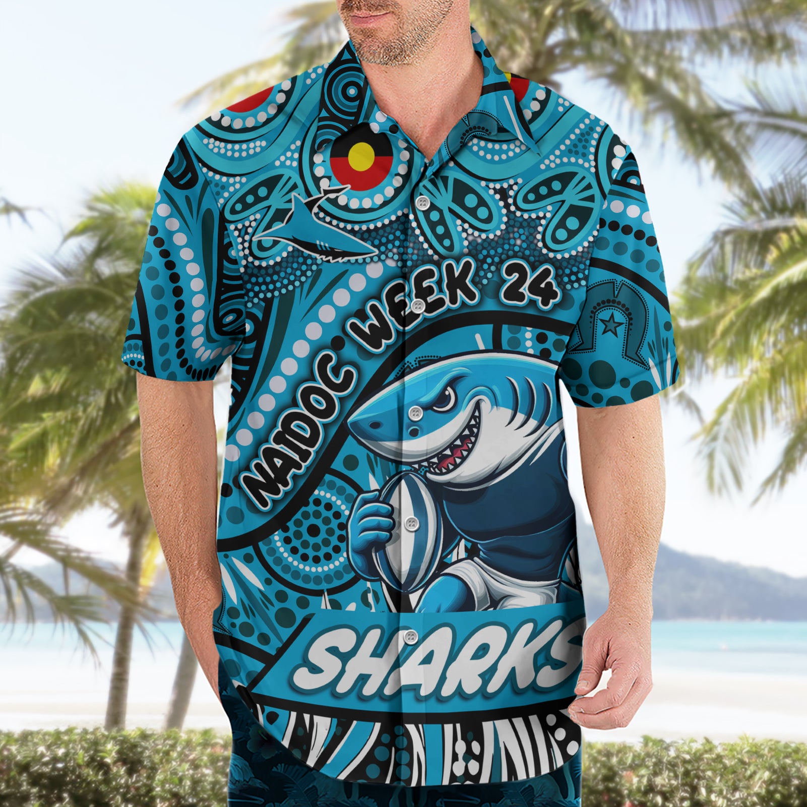 Custom Australia NAIDOC Week 2024 Hawaiian Shirt Sharks Mascot Keep The Fire Burning - Vibe Hoodie Shop