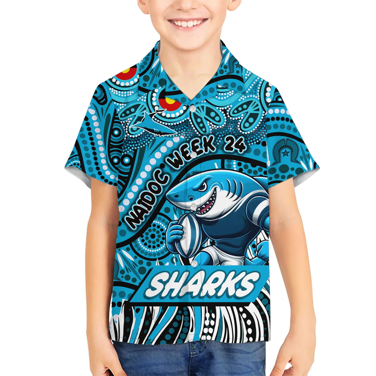 Custom Australia NAIDOC Week 2024 Hawaiian Shirt Sharks Mascot Keep The Fire Burning - Vibe Hoodie Shop