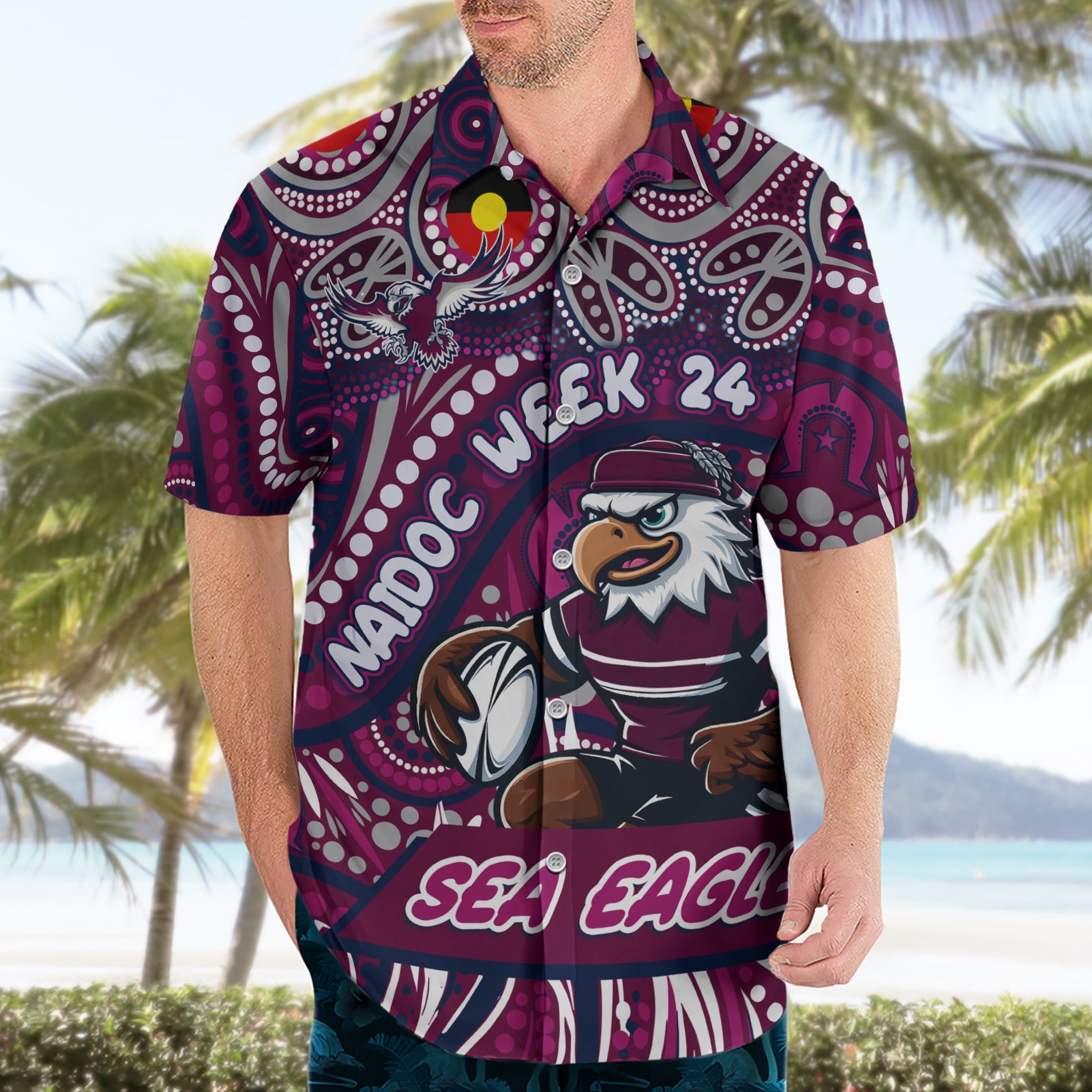 Custom Australia NAIDOC Week 2024 Hawaiian Shirt Sea Eagles Mascot Keep The Fire Burning - Vibe Hoodie Shop