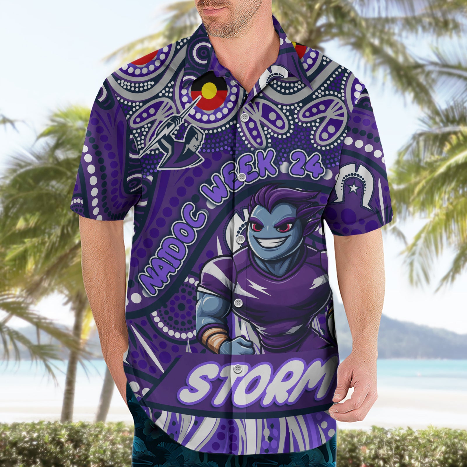 Custom Australia NAIDOC Week 2024 Hawaiian Shirt Melbourne Storm Mascot Keep The Fire Burning - Vibe Hoodie Shop