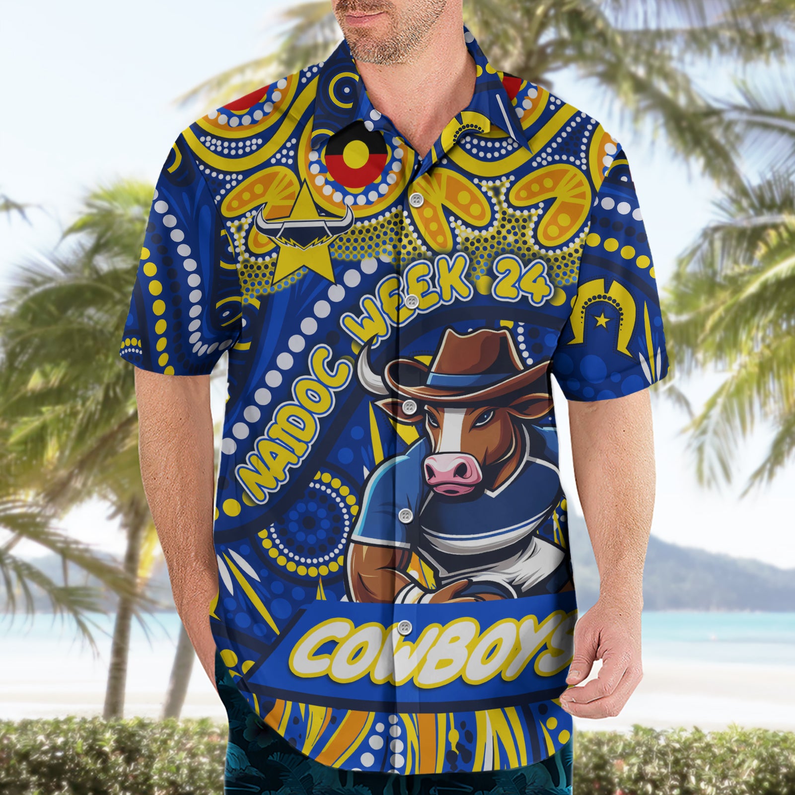 Custom Australia NAIDOC Week 2024 Hawaiian Shirt Cowboys Mascot Keep The Fire Burning - Vibe Hoodie Shop