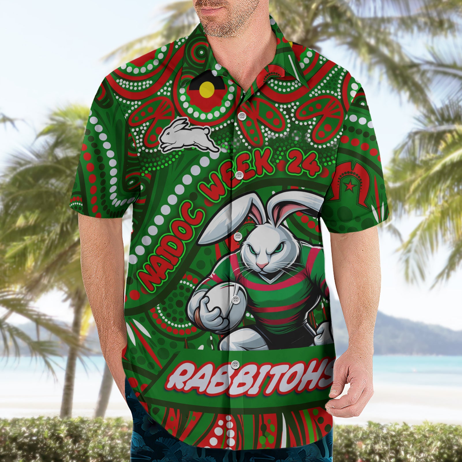 Custom Australia NAIDOC Week 2024 Hawaiian Shirt Rabbitohs Mascot Keep The Fire Burning - Vibe Hoodie Shop