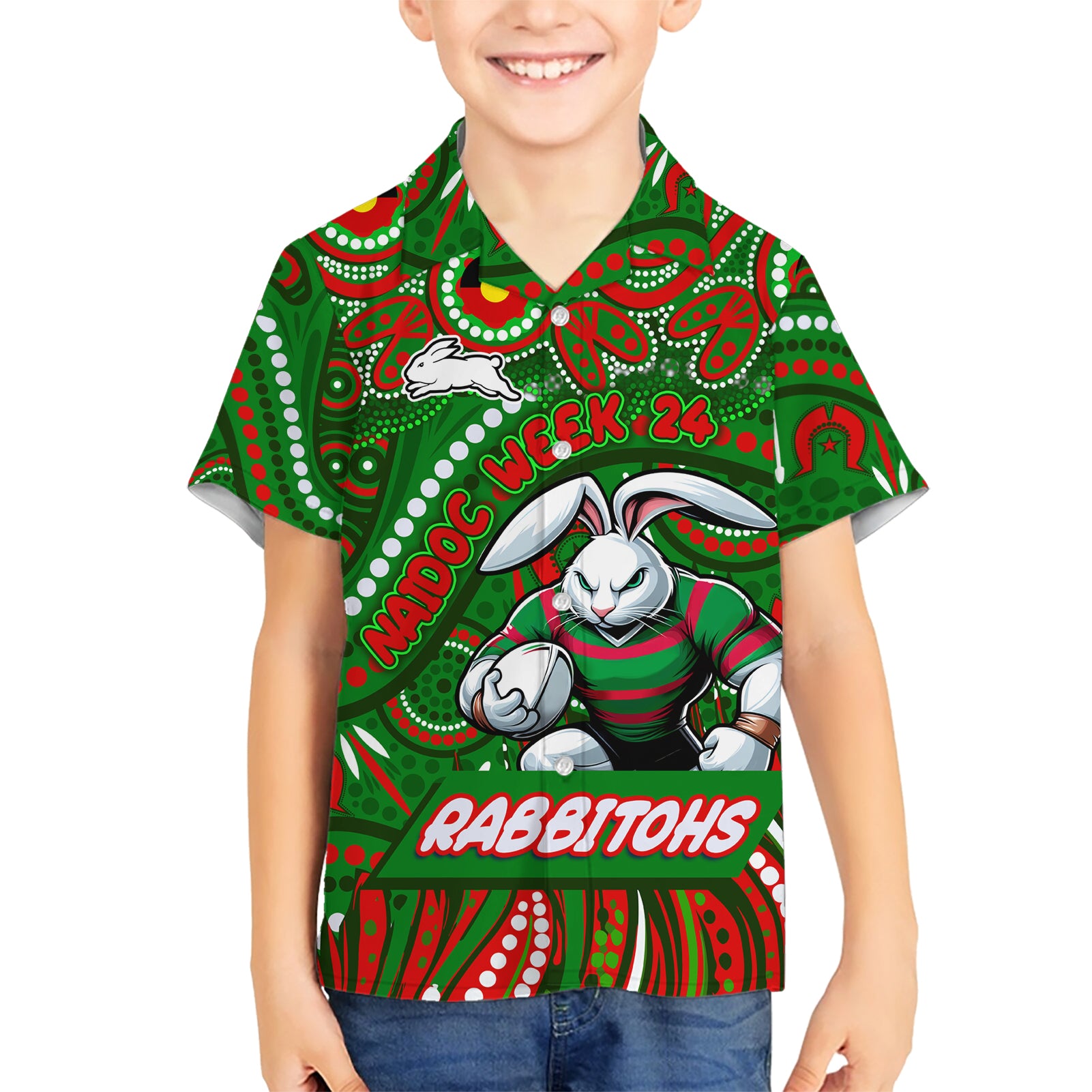 Custom Australia NAIDOC Week 2024 Hawaiian Shirt Rabbitohs Mascot Keep The Fire Burning - Vibe Hoodie Shop