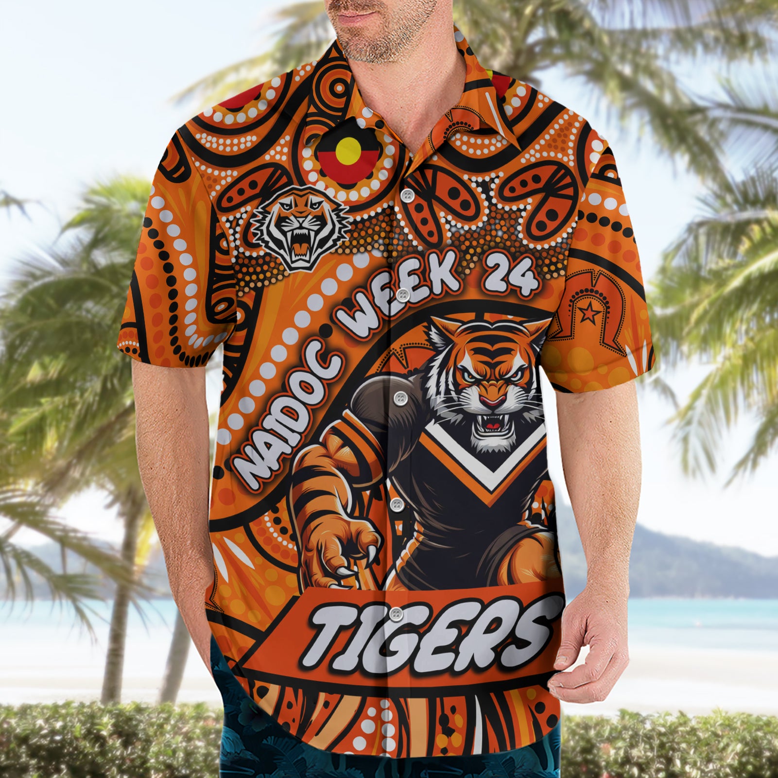 Custom Australia NAIDOC Week 2024 Hawaiian Shirt Wests Tigers Mascot Keep The Fire Burning - Vibe Hoodie Shop