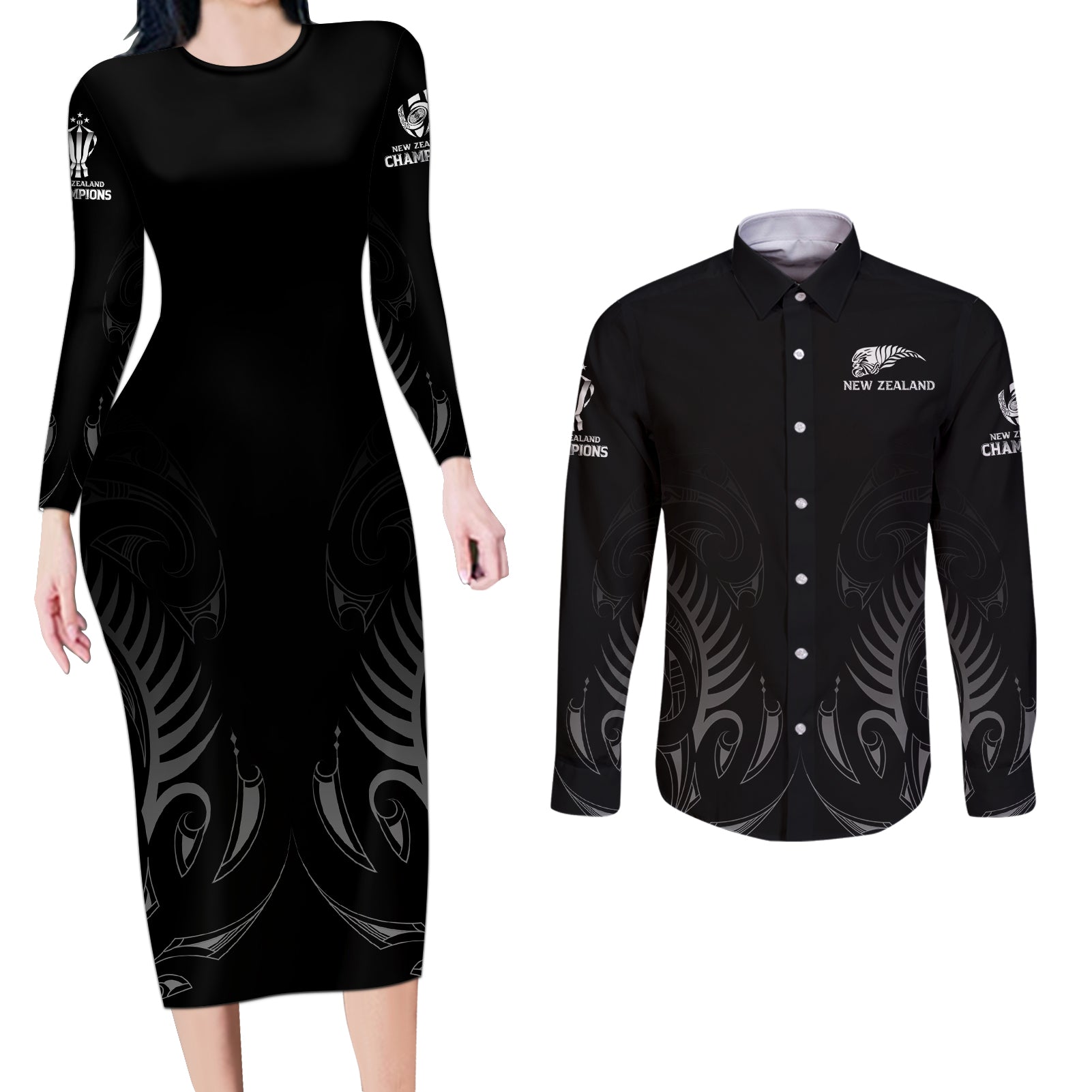 new-zealand-couples-matching-long-sleeve-bodycon-dress-and-long-sleeve-button-shirt-rugby-2023-champions-black