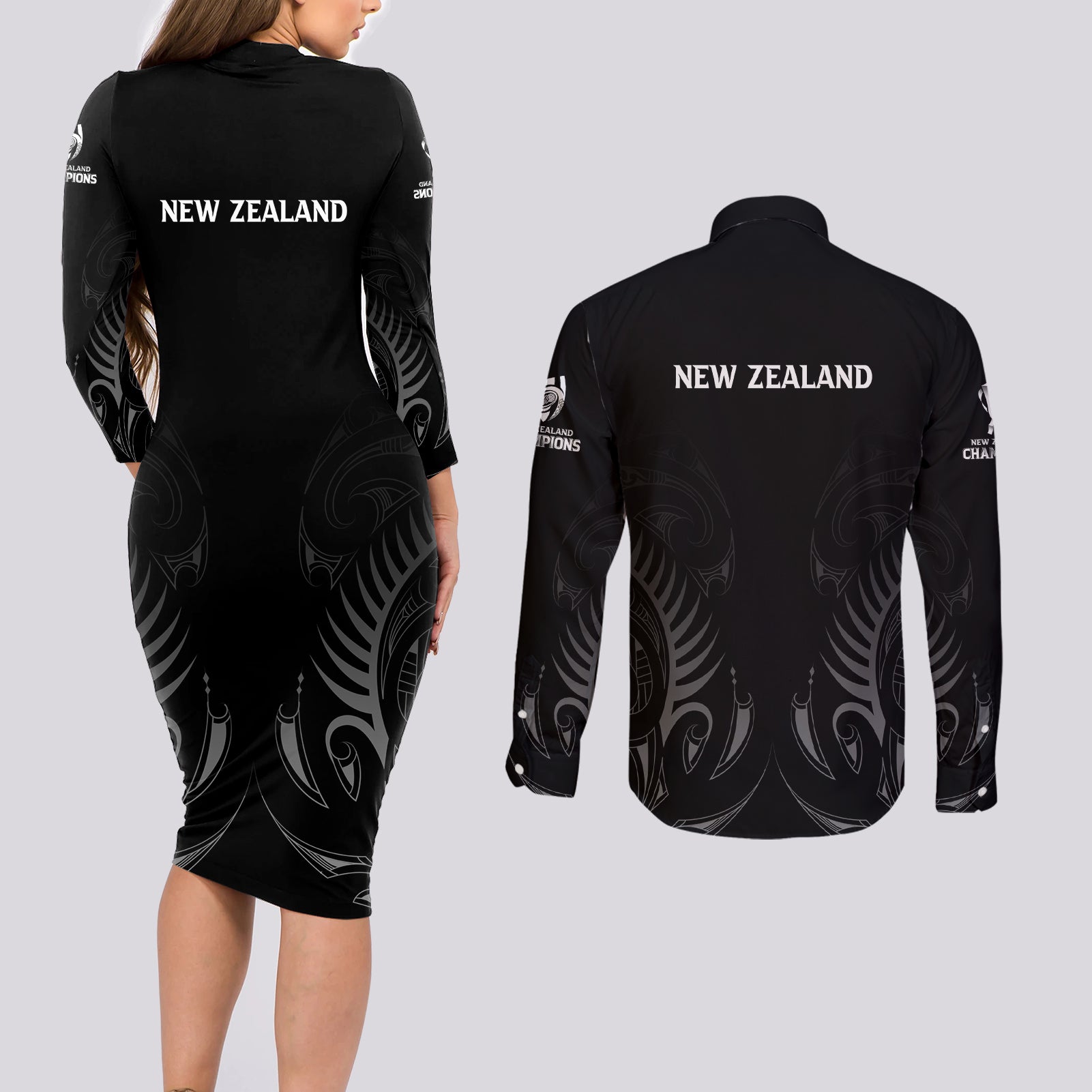 new-zealand-couples-matching-long-sleeve-bodycon-dress-and-long-sleeve-button-shirt-rugby-2023-champions-black
