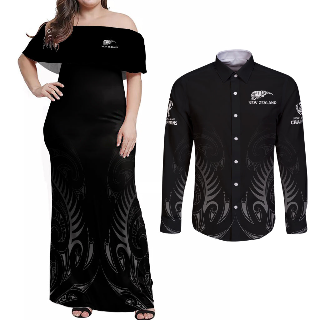 new-zealand-couples-matching-off-shoulder-maxi-dress-and-long-sleeve-button-shirt-rugby-2023-champions-black