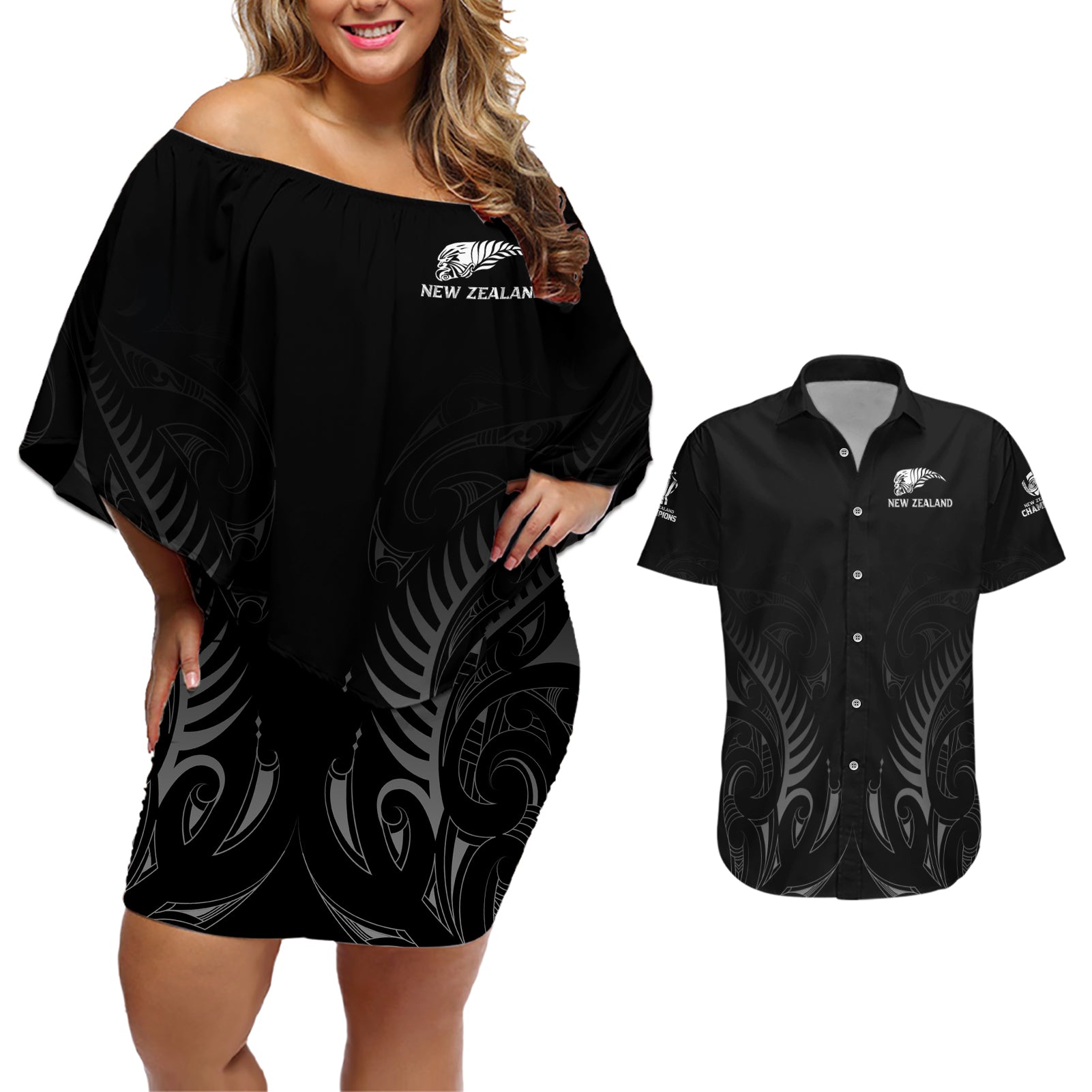 new-zealand-couples-matching-off-shoulder-short-dress-and-hawaiian-shirt-rugby-2023-champions-black