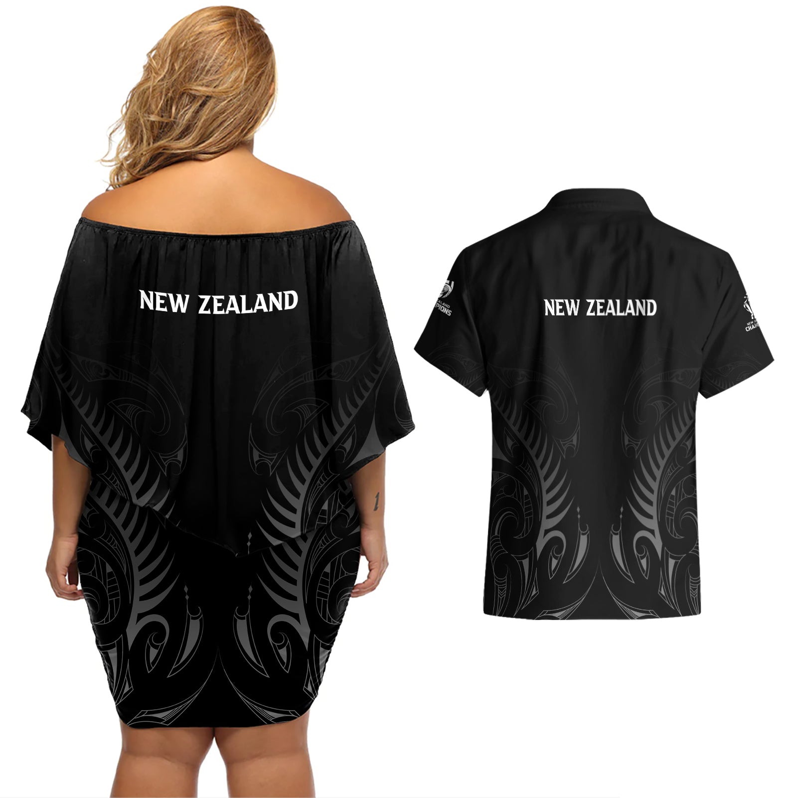 new-zealand-couples-matching-off-shoulder-short-dress-and-hawaiian-shirt-rugby-2023-champions-black