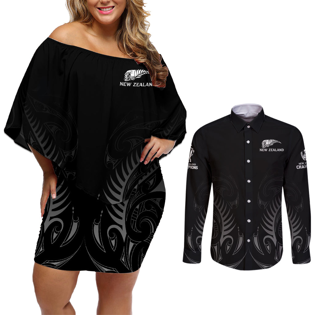 new-zealand-couples-matching-off-shoulder-short-dress-and-long-sleeve-button-shirt-rugby-2023-champions-black