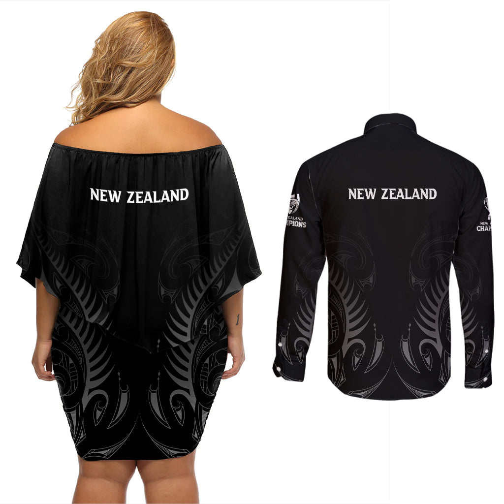new-zealand-couples-matching-off-shoulder-short-dress-and-long-sleeve-button-shirt-rugby-2023-champions-black
