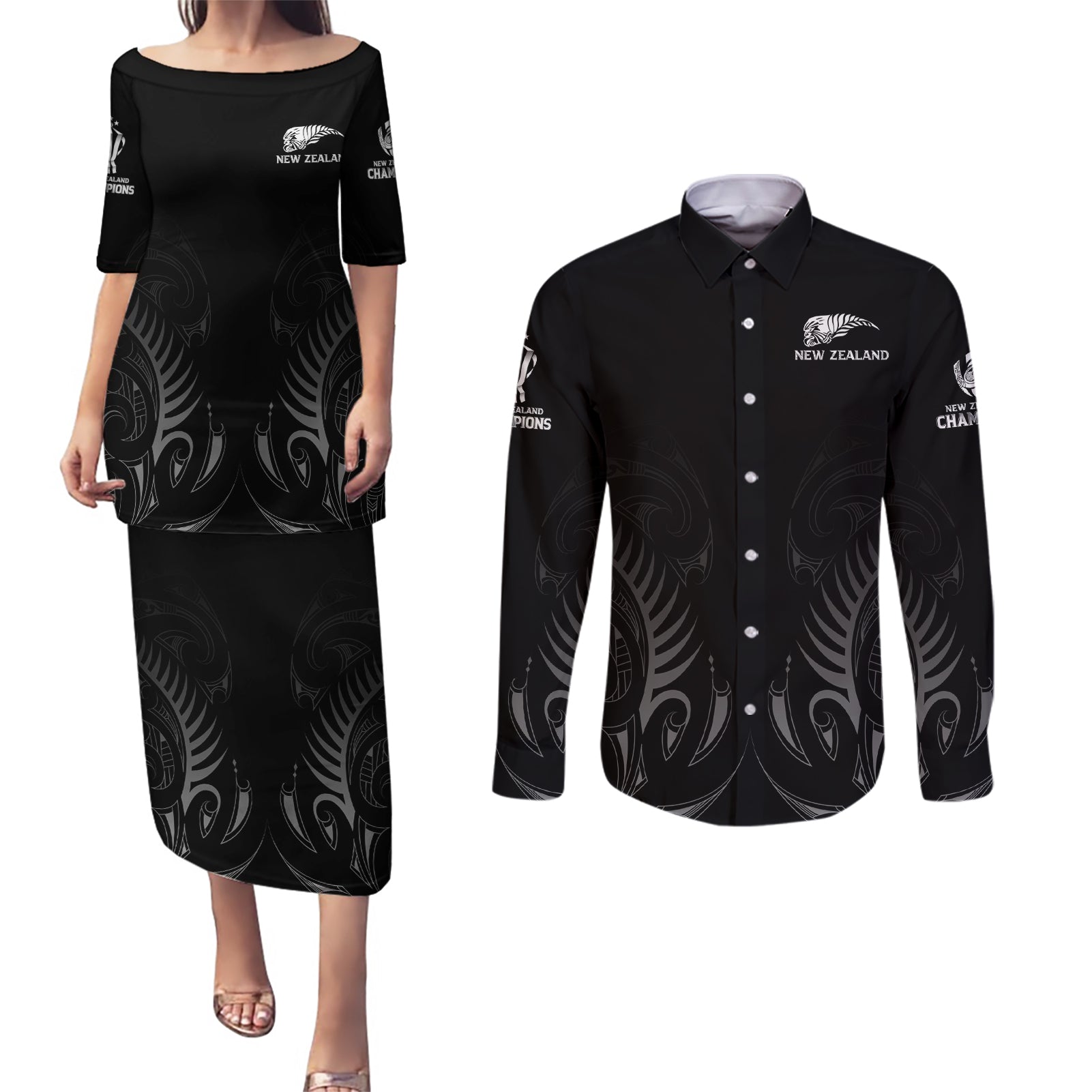 new-zealand-couples-matching-puletasi-dress-and-long-sleeve-button-shirt-rugby-2023-champions-black