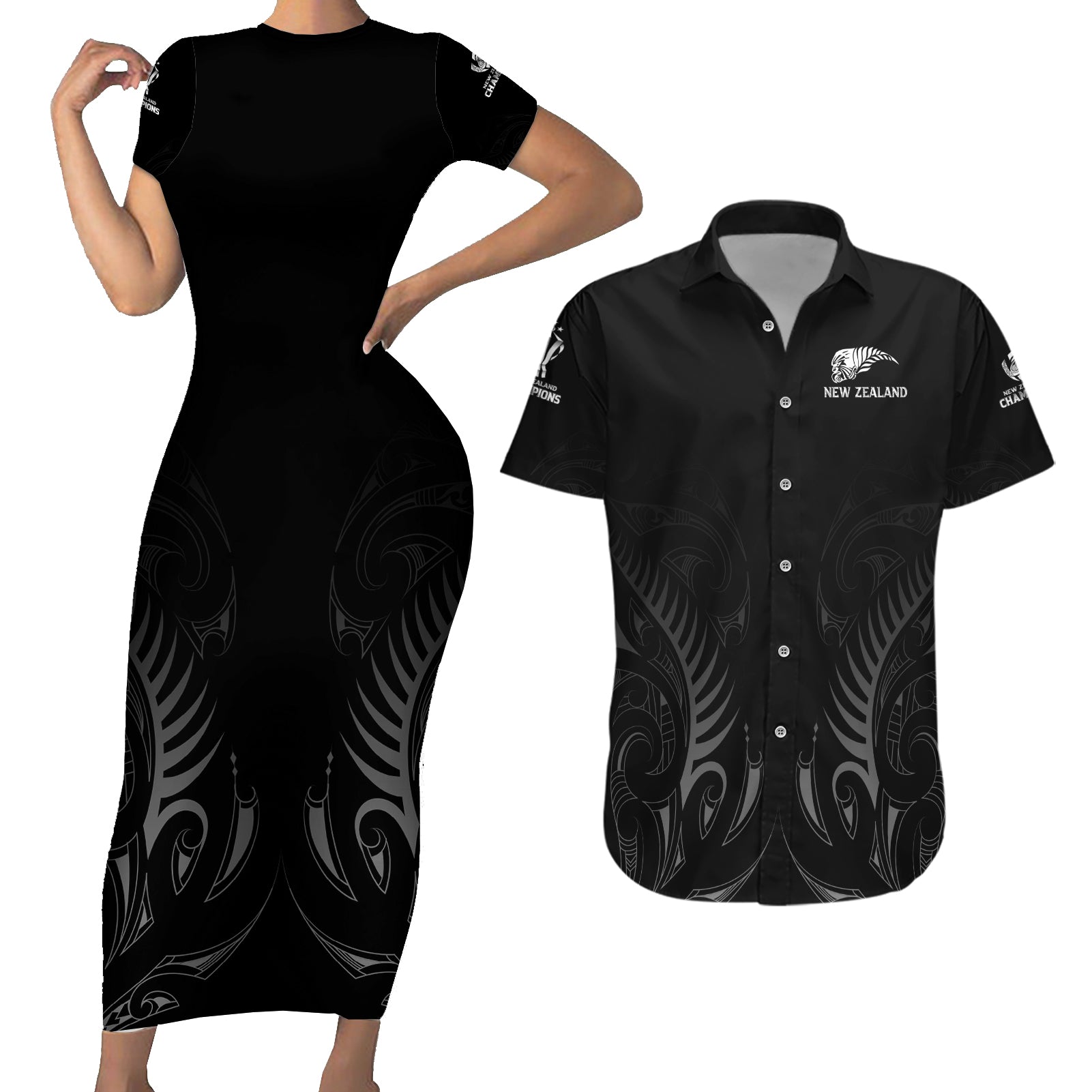 new-zealand-couples-matching-short-sleeve-bodycon-dress-and-hawaiian-shirt-rugby-2023-champions-black