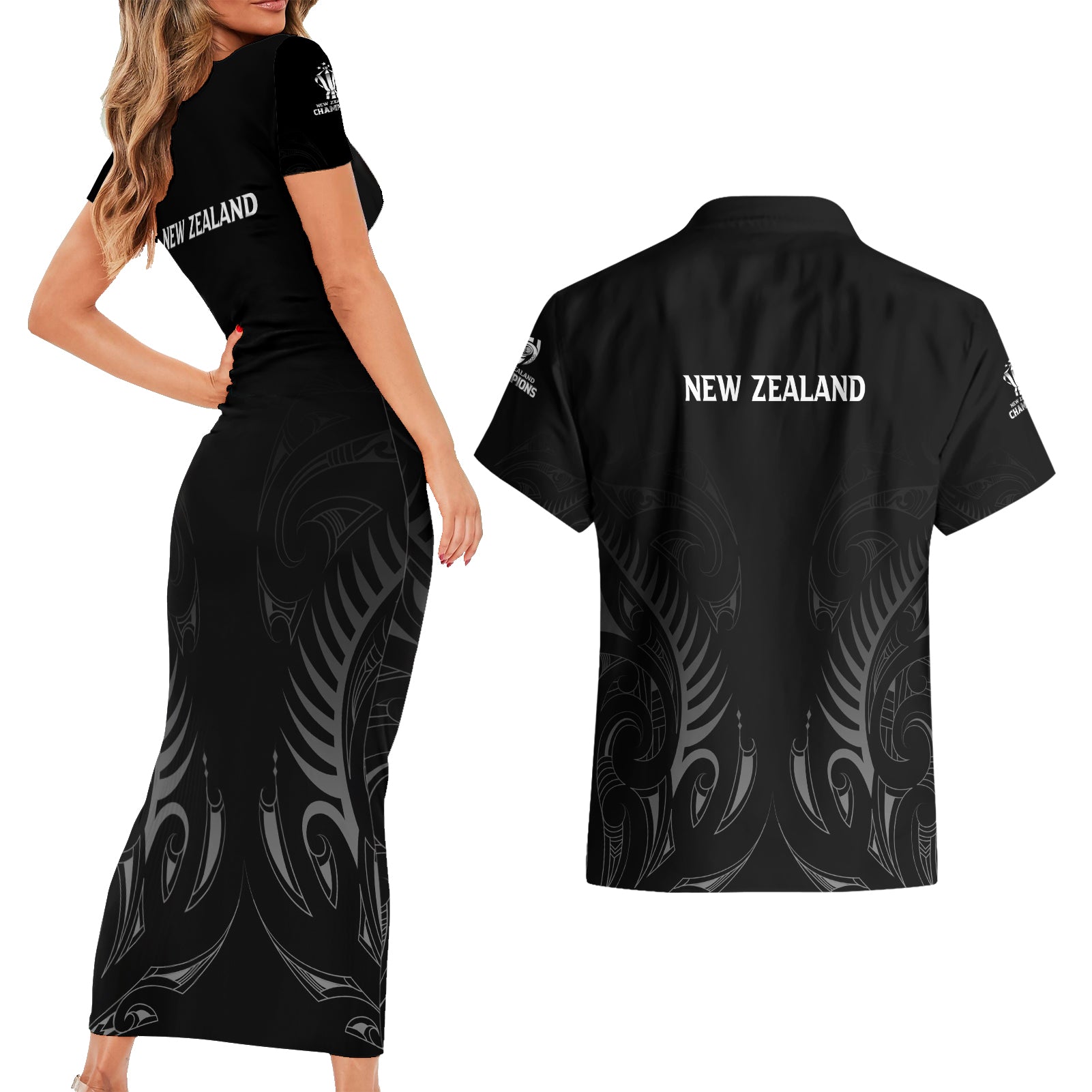new-zealand-couples-matching-short-sleeve-bodycon-dress-and-hawaiian-shirt-rugby-2023-champions-black