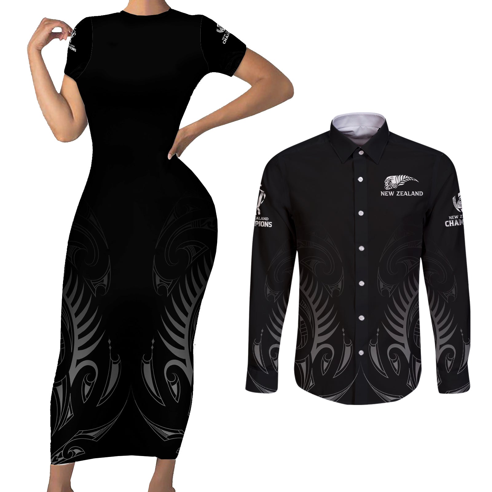 new-zealand-couples-matching-short-sleeve-bodycon-dress-and-long-sleeve-button-shirt-rugby-2023-champions-black