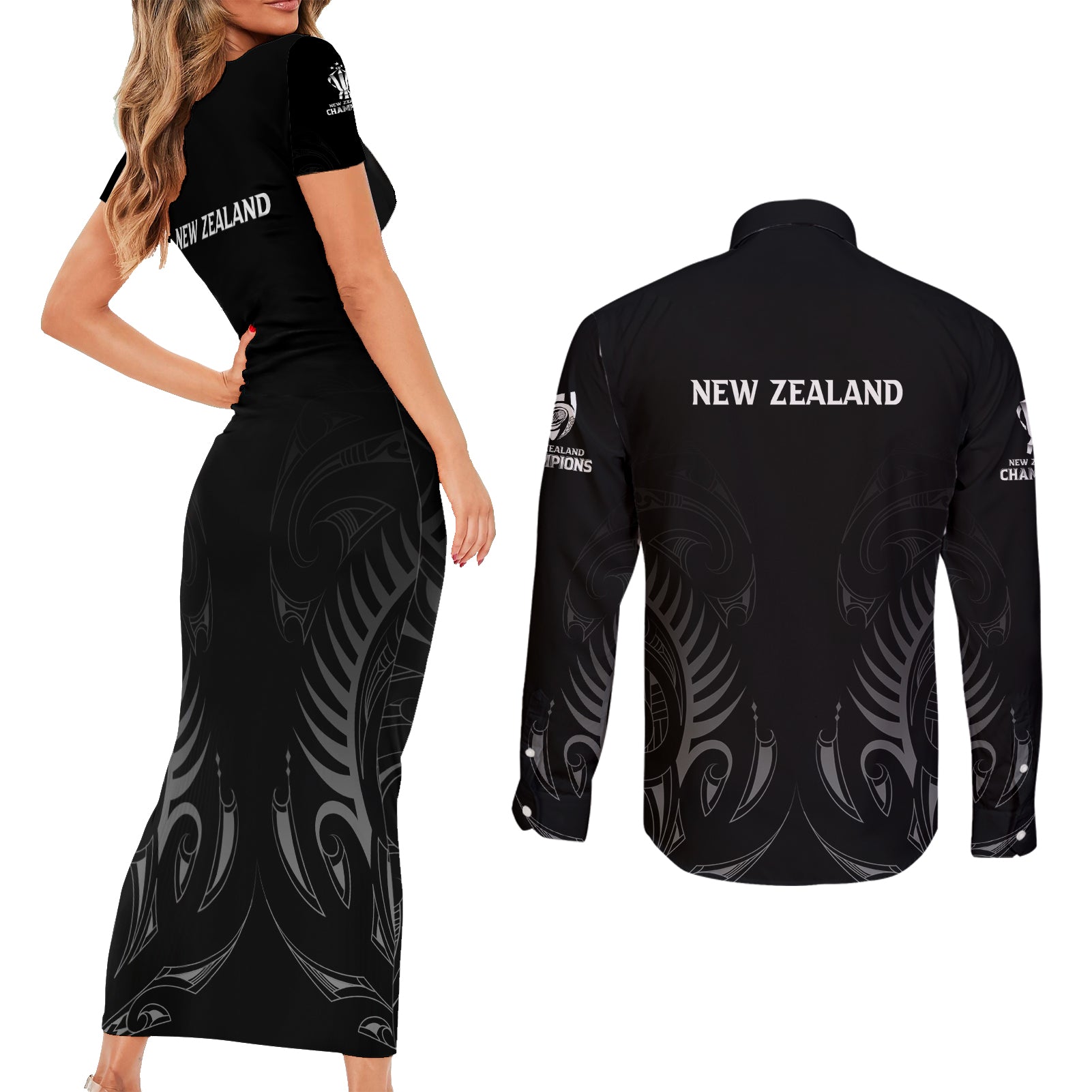 new-zealand-couples-matching-short-sleeve-bodycon-dress-and-long-sleeve-button-shirt-rugby-2023-champions-black