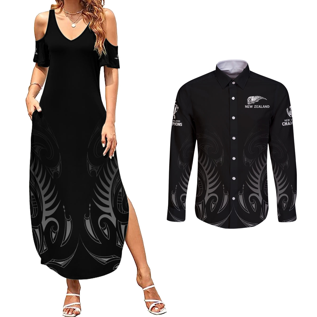 new-zealand-couples-matching-summer-maxi-dress-and-long-sleeve-button-shirt-rugby-2023-champions-black