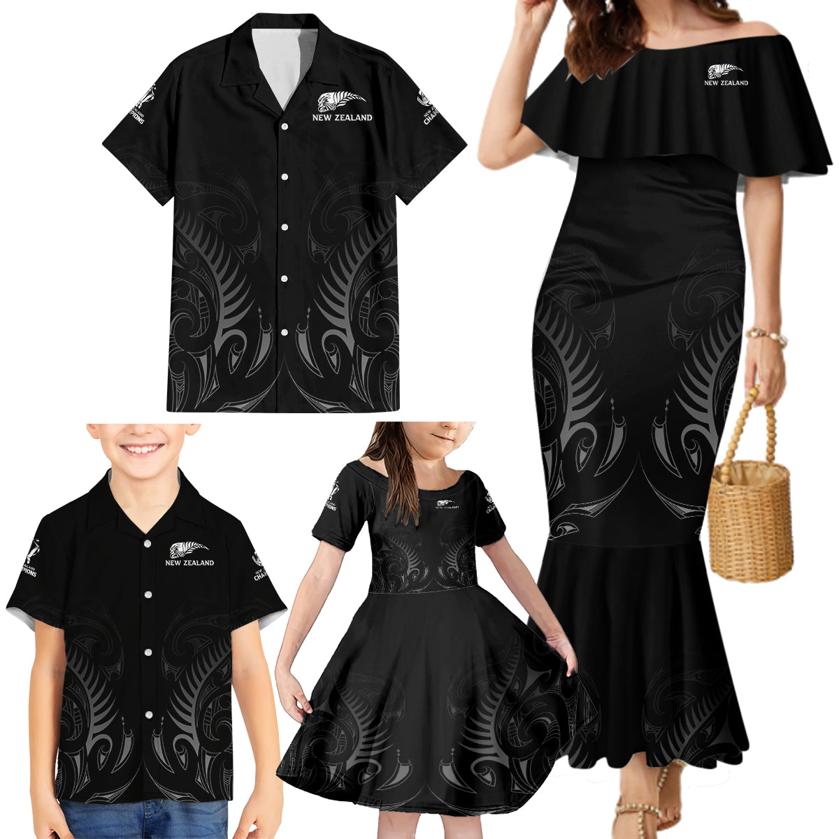 new-zealand-family-matching-mermaid-dress-and-hawaiian-shirt-rugby-2023-champions-black