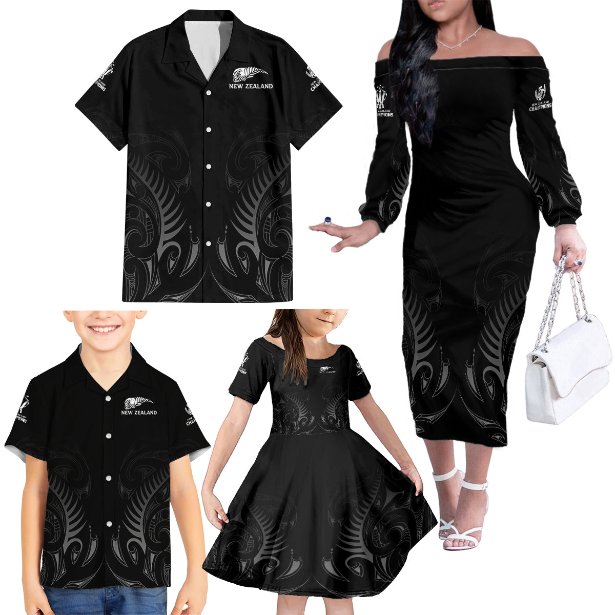 new-zealand-family-matching-off-shoulder-long-sleeve-dress-and-hawaiian-shirt-rugby-2023-champions-black