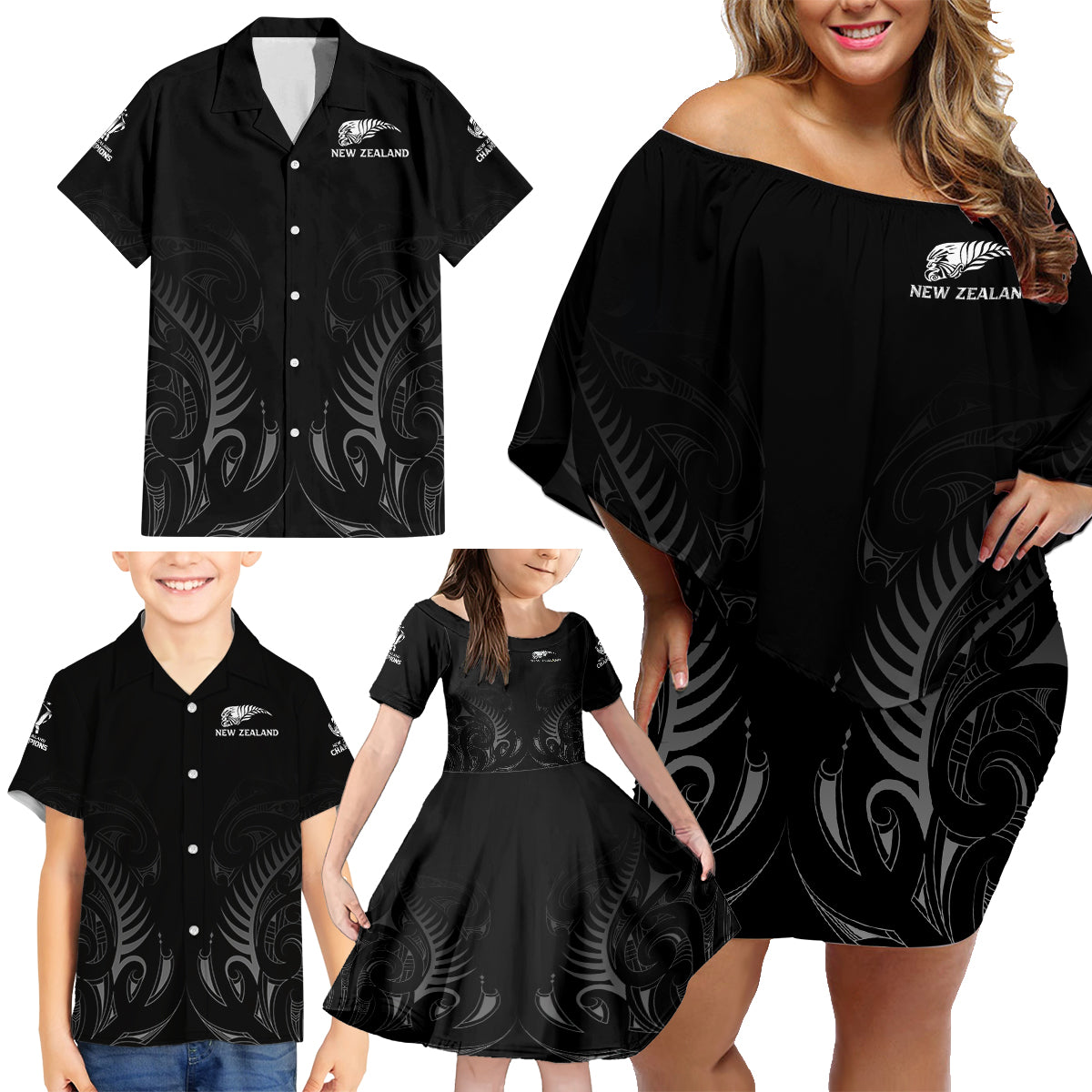 new-zealand-family-matching-off-shoulder-short-dress-and-hawaiian-shirt-rugby-2023-champions-black