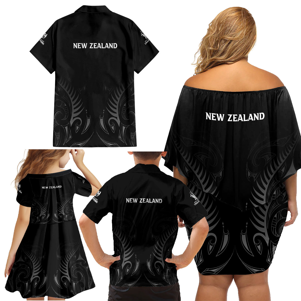 new-zealand-family-matching-off-shoulder-short-dress-and-hawaiian-shirt-rugby-2023-champions-black