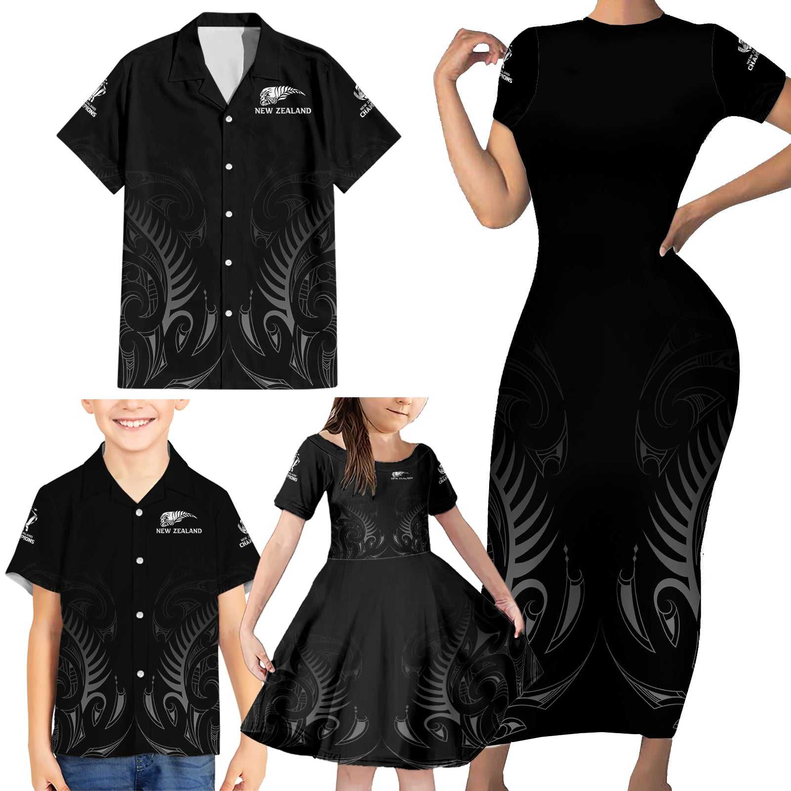 new-zealand-family-matching-short-sleeve-bodycon-dress-and-hawaiian-shirt-rugby-2023-champions-black