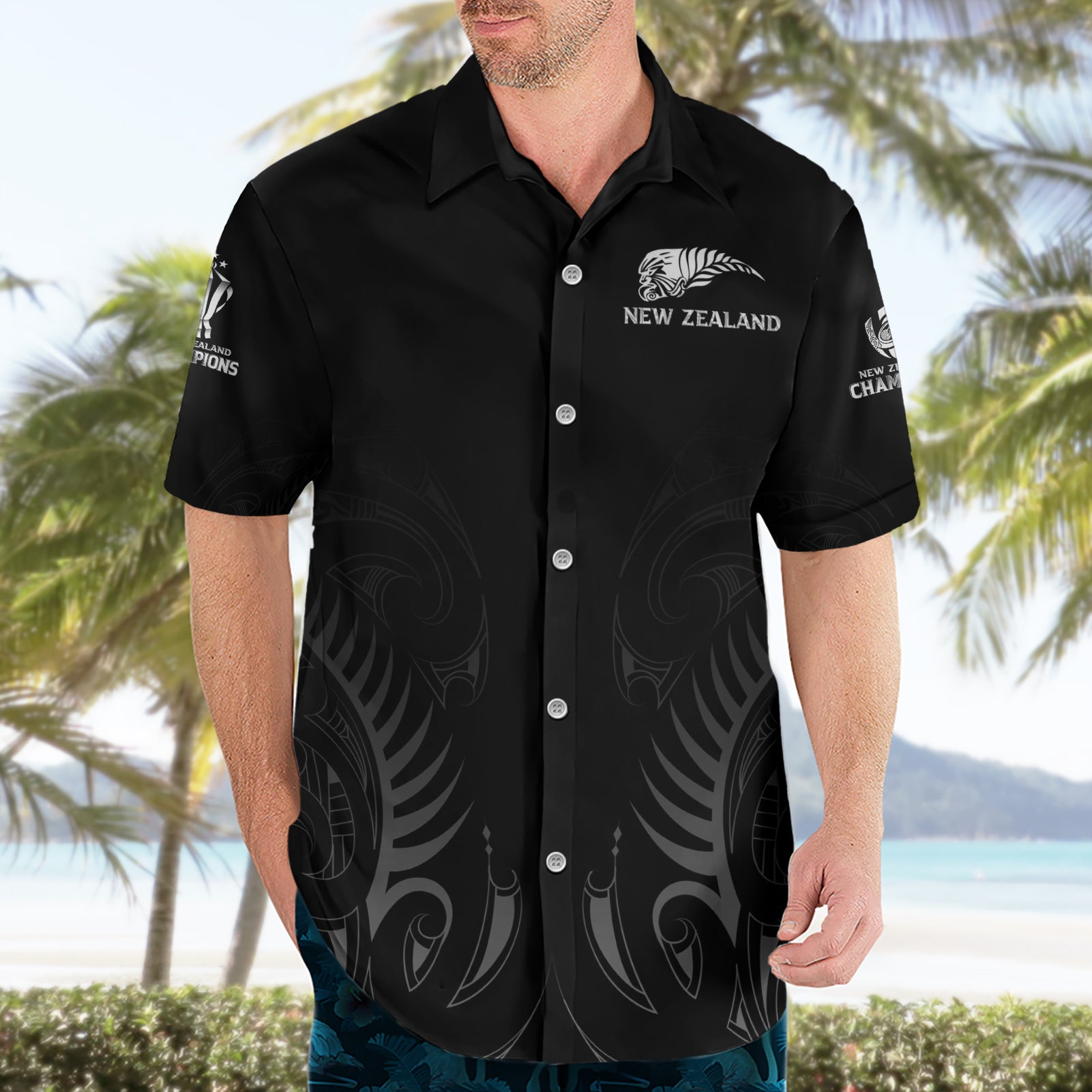 New Zealand Hawaiian Shirt Rugby 2023 Champions Black - Vibe Hoodie Shop