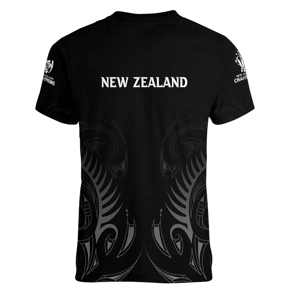 New Zealand Women V Neck T Shirt Rugby 2023 Champions Black - Vibe Hoodie Shop